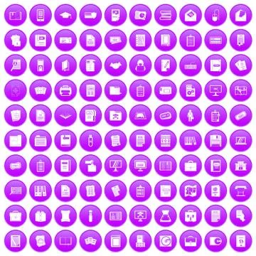 100 document icons set purple Stock Illustration