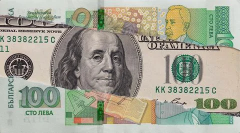 100 dollar banknote through torn  100 Bulgarian lev banknote Stock Photos