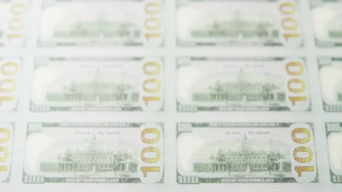 100 dollar banknotes. Seamless print of money printing process. 4K endless Stock Footage 234311374