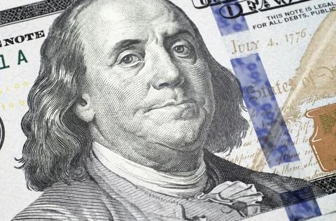 100 dollar bill close up. Part of a new hundred dollar bill. Benjamin Frankli Stock Photos