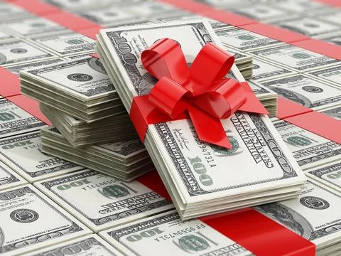 100 dollar bills stack wrapped with red ribbon. 3D illustration Illustrazione stock