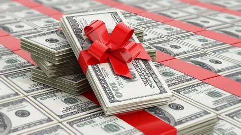 100 dollar bills stack wrapped with red ribbon. 3D illustration 库存插图