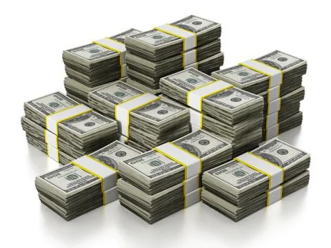 100 Dollar lots stack isolated on white background. 3D illustration Illustrazione stock