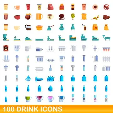 100 drink icons set, cartoon style Stock Illustration