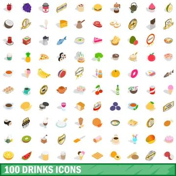 100 drinks icons set, isometric 3d style Stock Illustration