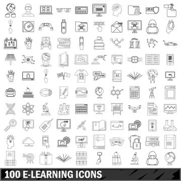 100 e-leaning icons set, outline style Stock Illustration