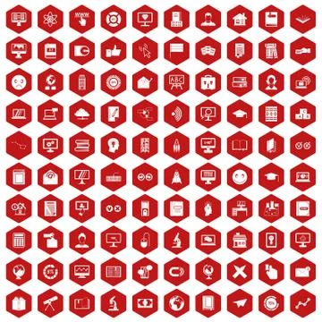 100 e-learning icons hexagon red Stock Illustration