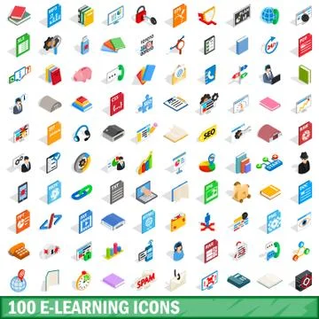100 e-learning icons set, isometric 3d style Stockillustratie