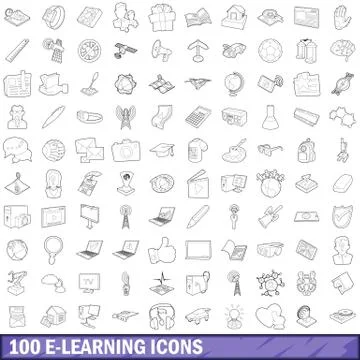 100 e-learning icons set, outline style Illustrazione stock