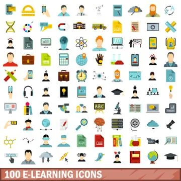 100 e-learning icons set, flat style Illustrazione stock