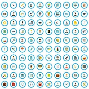 100 e-learning icons set, flat style Stock Illustration
