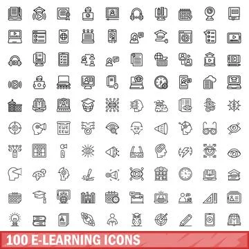 100 e-learning icons set, outline style Stock Illustration