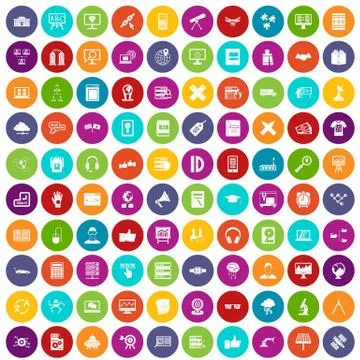 100 education technology icons set color Stock Illustration