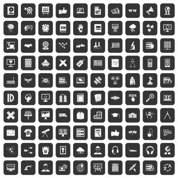 100 education technology icons set black 库存插图