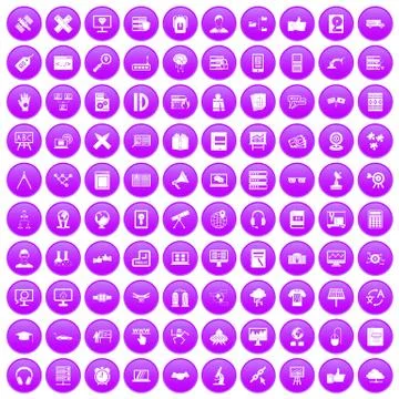 100 education technology icons set purple Stock Illustration