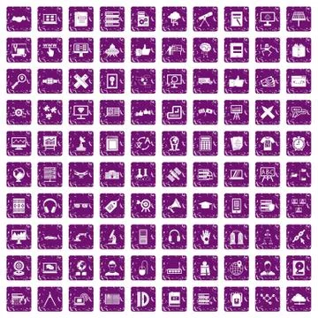 100 education technology icons set grunge purple Stock Illustration