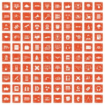 100 education technology icons set grunge orange イラスト素材