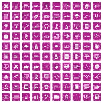 100 education technology icons set grunge pink Stock Illustration