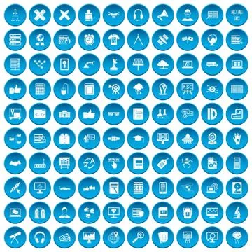 100 education technology icons set blue Stock Illustration