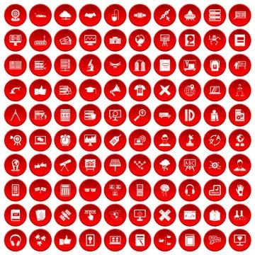 100 education technology icons set red Stock Illustration