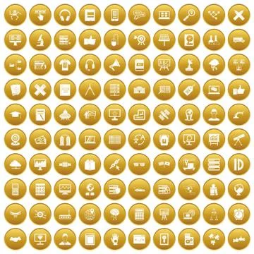 100 education technology icons set gold 库存插图