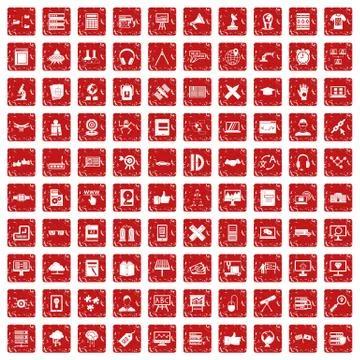 100 education technology icons set grunge red 스톡 일러스트