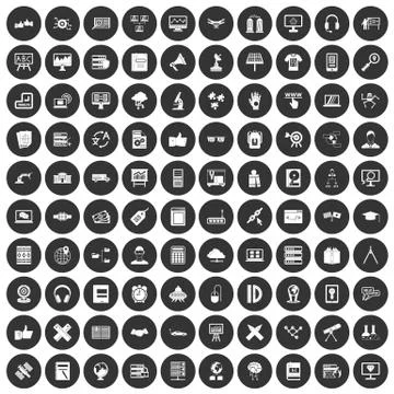 100 education technology icons set black circle Stock Illustration
