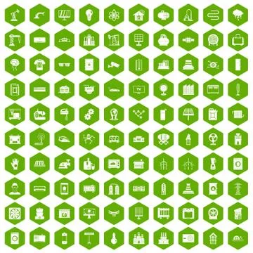 100 electrical engineering icons hexagon green Stock Illustration