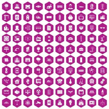 100 electrical engineering icons hexagon violet Stock Illustration