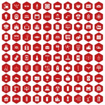 100 electrical engineering icons hexagon red Stock Illustration