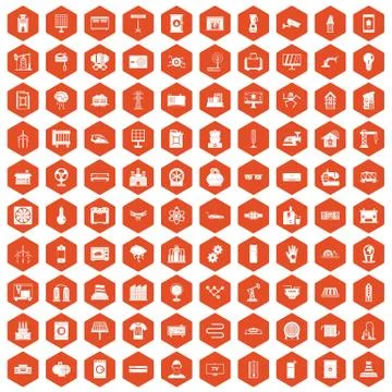 100 electrical engineering icons hexagon orange Stock Illustration