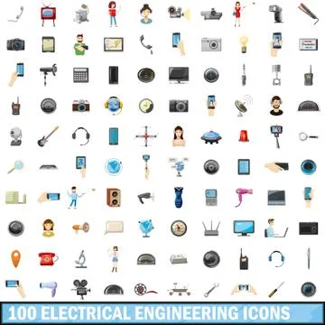 100 electrical engineering icons set, cartoon Stock Illustration