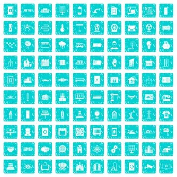 100 electrical engineering icons set grunge blue Stock Illustration
