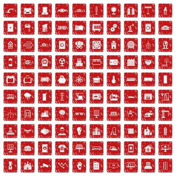 100 electrical engineering icons set grunge red Stock Illustration