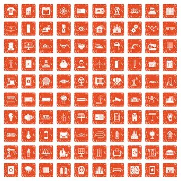100 electrical engineering icons set grunge orange Stock Illustration