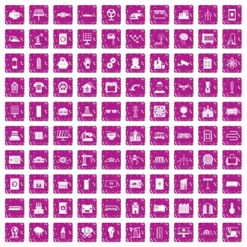 100 electrical engineering icons set grunge pink Stock Illustration