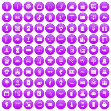100 electrical engineering icons set purple Stock Illustration