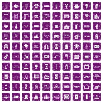 100 electrical engineering icons set grunge purple Stock Illustration
