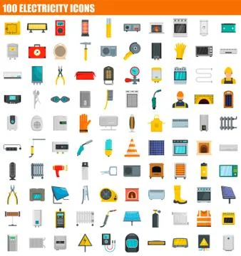 100 electricity icon set, flat style Stock Illustration
