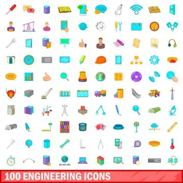 100 engineering icons set, cartoon style Stock Illustration