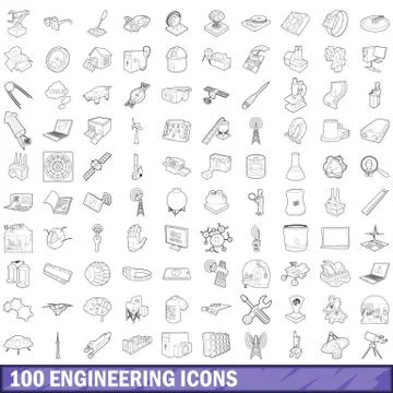 100 engineering icons set, outline style イラスト素材