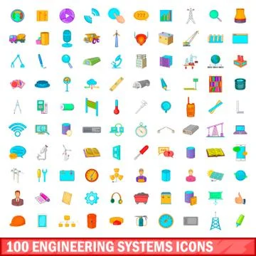 100 engineering systems icons set, cartoon style Stock Illustration