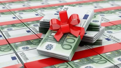 100 euro bills stack wrapped with red ribbon. 3D illustration 库存插图