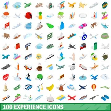 100 experience icons set, isometric 3d style Stock Illustration