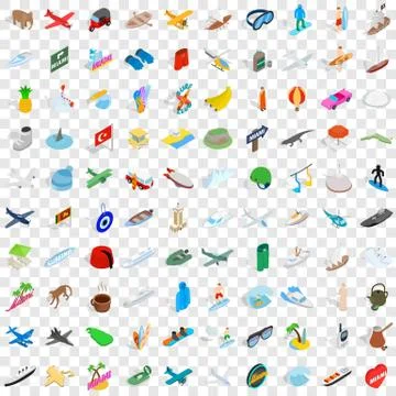 100 experience icons set, isometric 3d style Stock Illustration