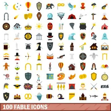 100 fable icons set, flat style Illustrazione stock