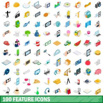 100 feature icons set, isometric 3d style Illustrazione stock