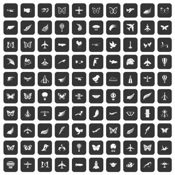 100 fly icons set black 스톡 일러스트