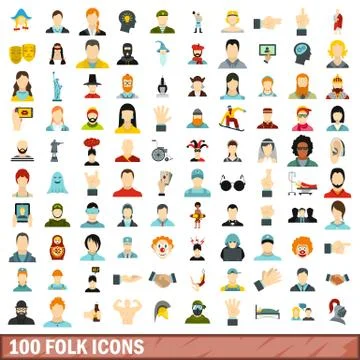 100 folk icons set, flat style Stock Illustration