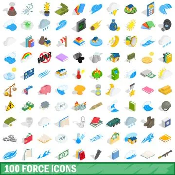 100 force icons set, isometric 3d style Stock Illustration